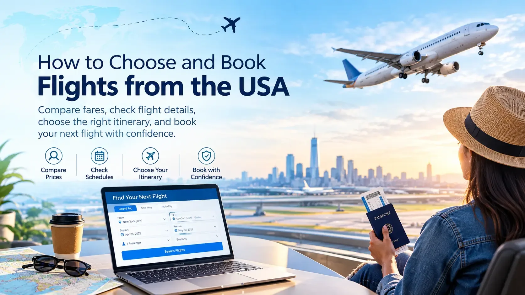 Travelers comparing flight options and booking airfare from the USA online