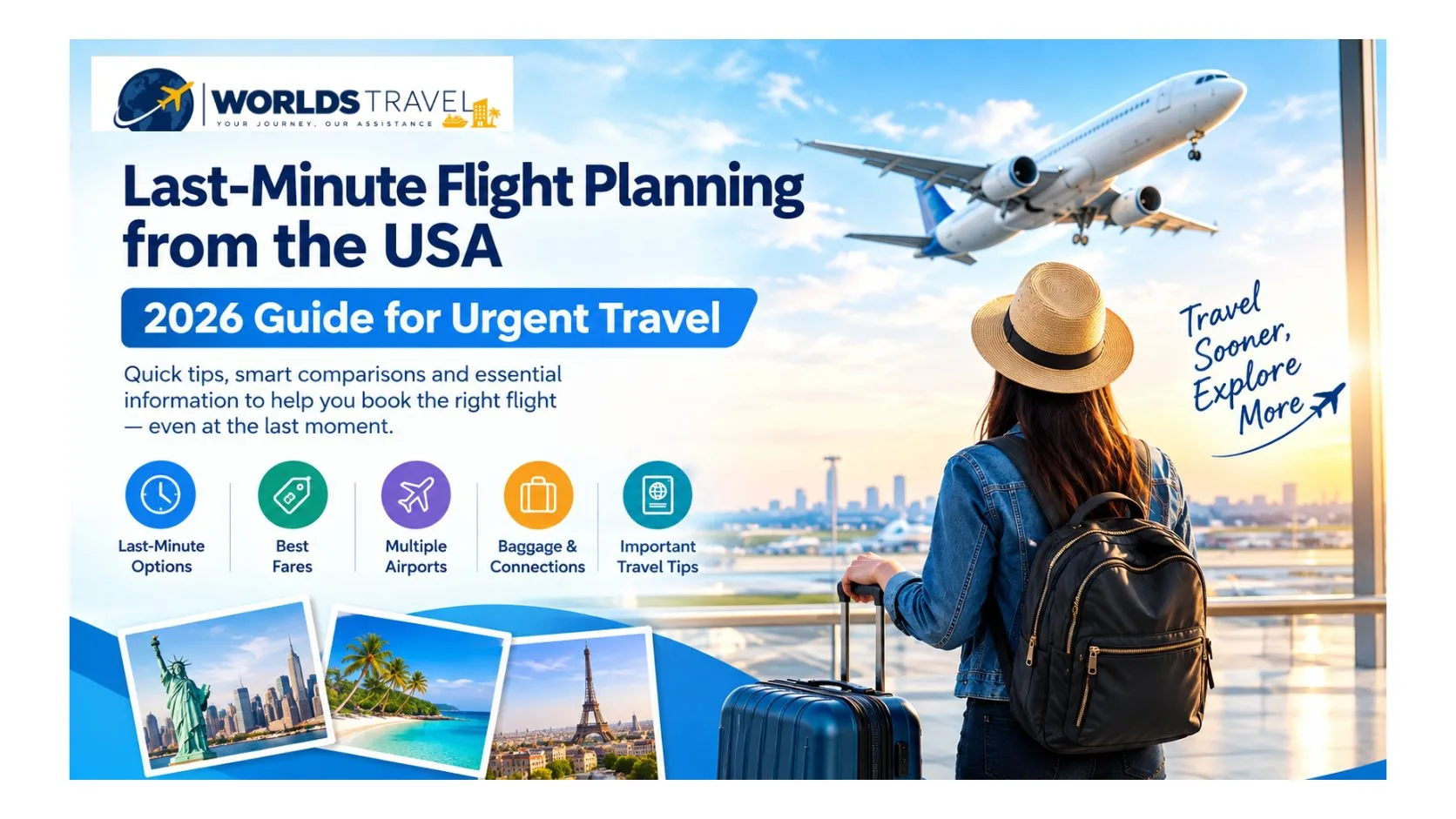 Last-Minute Flight Planning from the USA 2026 guide featuring an airport traveler, airplane, and travel destinations.
